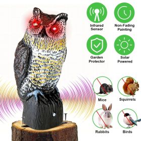 Solar Powered Owl Decoy with Flashing Eye Hoot Sound Infrared Sensor Scare Bird Squirrel Away Pest Repellent Bird Deterrent Outdoor Garden Yard P