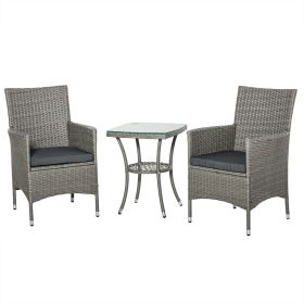 3 Pieces Wicker Patio Furniture Set, Rattan Bistro Set with Glass Top Coffee Table and Cushions, Outdoor Conversation Set for Garden, Porch, Balc